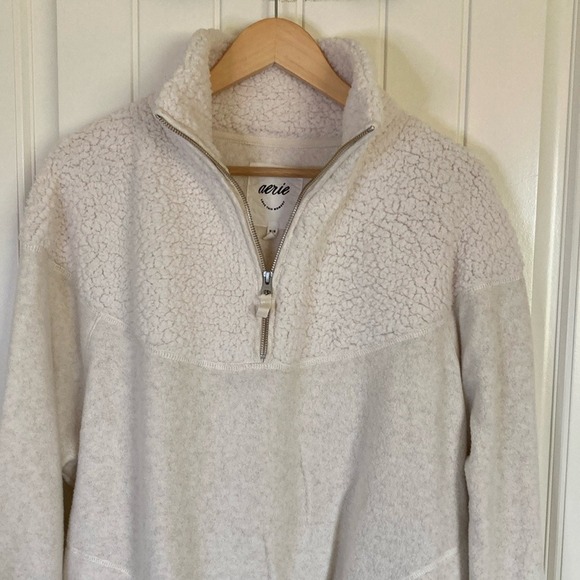 Aerie Womens‎ Cream Sherpa Fleece Quarter Zip Pullover Sweater Size Medium Cozy - Picture 3 of 13